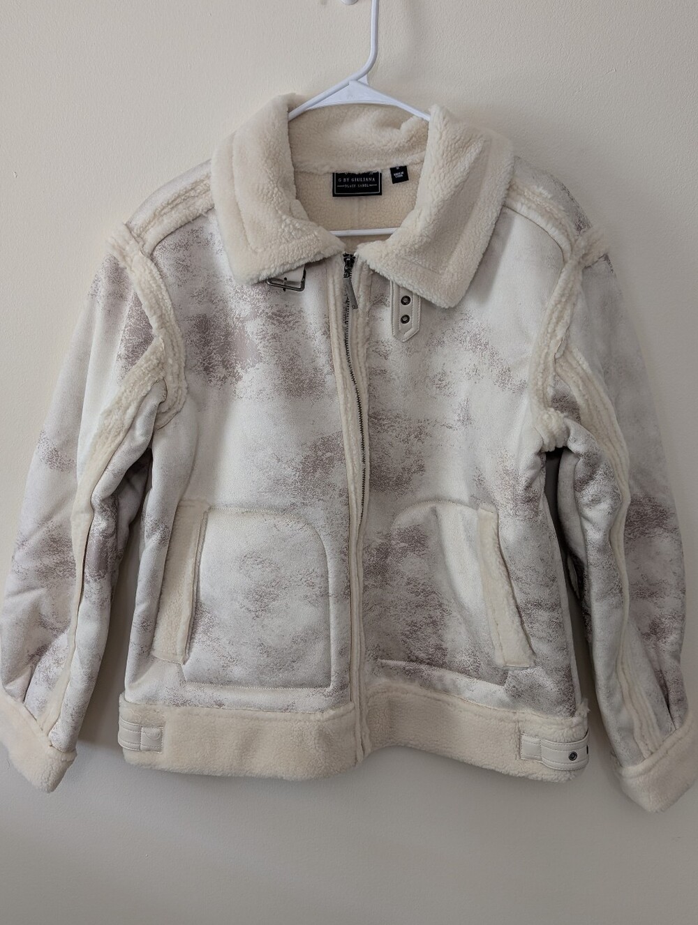 G by Giuliana Black Label Faux Suede and Shearling Zip Front Coat Size M Ivory - Picture 2 of 15